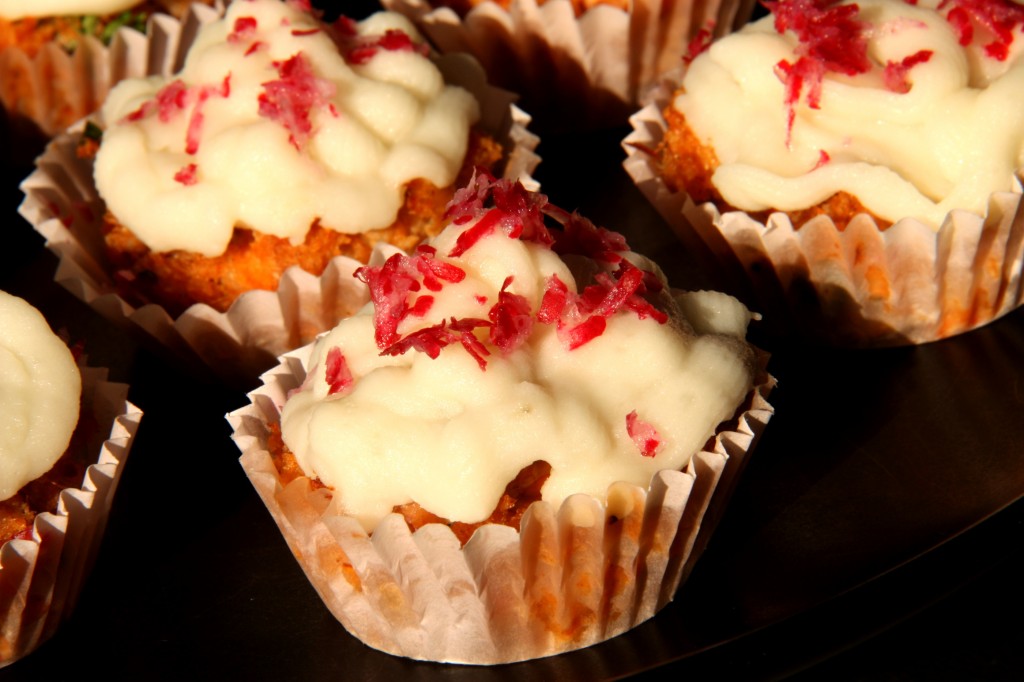 Crab cup cakes with potato frosting that look like a dessert.