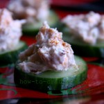 My favorite cold crab dip recipe on top of cucumber slices.
